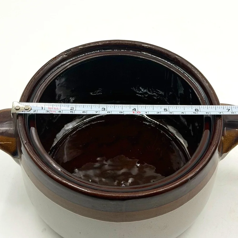 Vintage Two Tone Stoneware Bean Pot Brown Gray Glazed Ceramic Crock with Handles